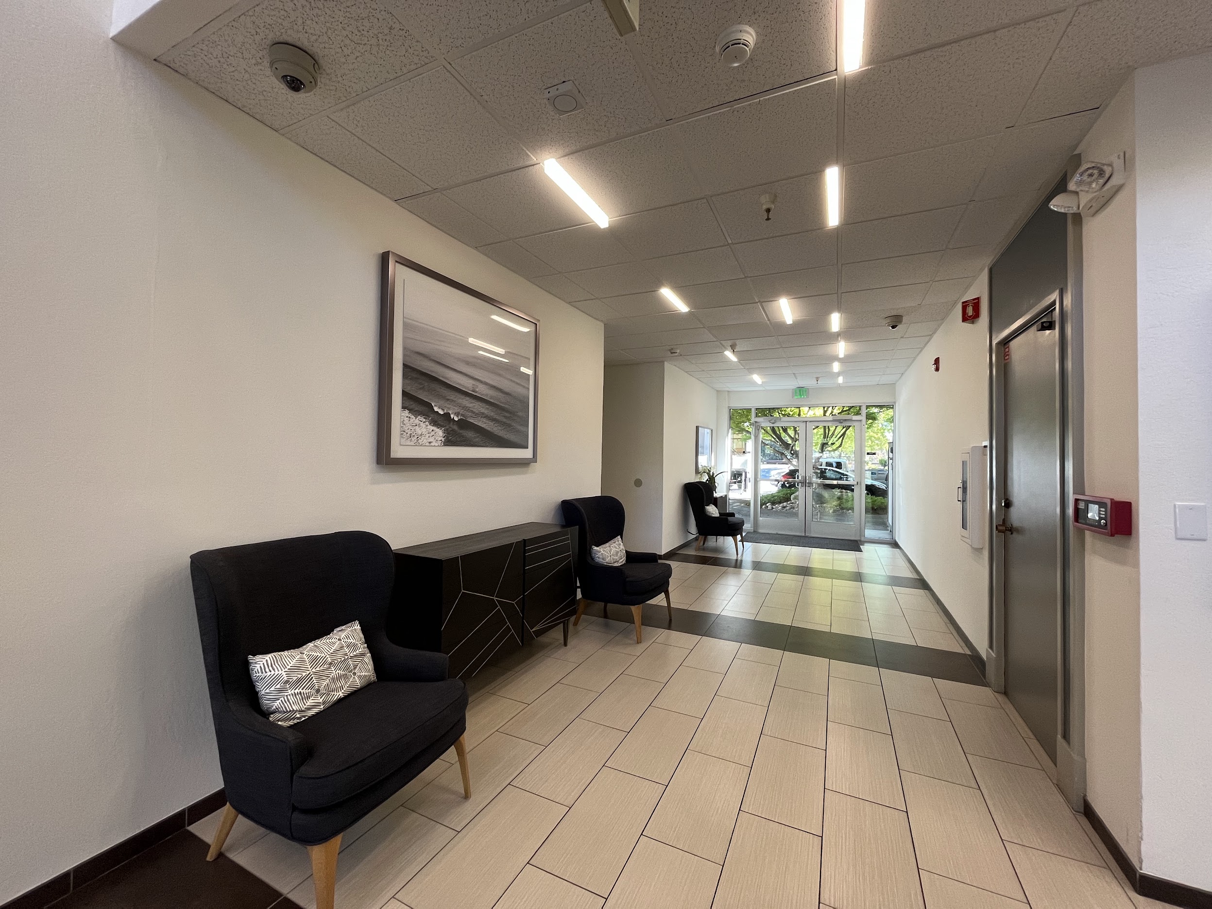 WUC interior hallway with emergency exit signage